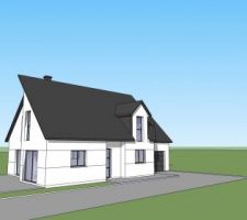 Vue de face de la maison. C'est le dernier projet (07/2015), avec une gerbière. Le projet initial comportait une fenêtre de toit.