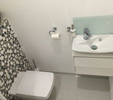 Finition du wc : installation de la Crédence en verre et du porte savon.