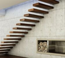 Escalier suspendu, marches bois, sur mur d'echiffre bardé de plaques béton supra-léger