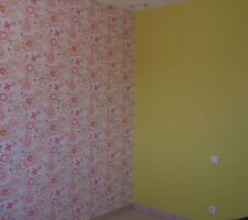 Autre mur. La chambre est en rose et vert. 
Elle cherche des stickers de fées ou de fleurs