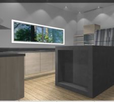 Vue  sur l'ilôt du projet cuisine, façades bois clair, plan de travail béton, ilot béton
