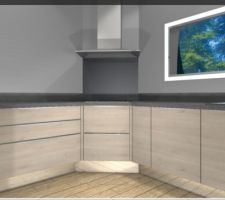 Projet cuisine façades bois clair, plan béton, hotte en coin, coffrage placo d'angle