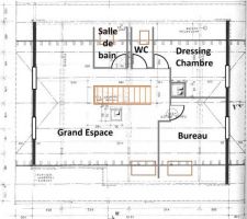 Le plan du projet d'aménagement des combles. 4 pièces fermées (Bureau, Dressing/Chambre, WC et Salle de bain) avec plafond et 1 grand espace ouvert jusqu'au faitage. L'escalier arrive directement dans ce grand espace.