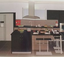 Plan 3D cuisine avec îlot central et intégration de notre frigo américain (photo un peu tordue car prise avec un téléphone portable) - Vue depuis la salle à manger