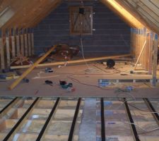 Solives posées, scotch mis, on pose le plancher bois sur toute la surface.
