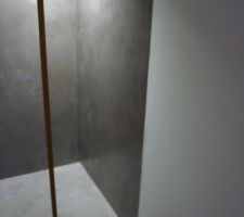 Douche &agrave; l'italienne siphon caniveau, b&eacute;ton cir&eacute; 2 couleurs, paroi plexi et tour en bois exotique