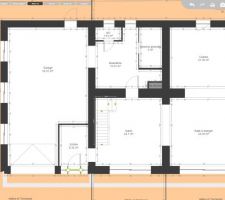 V3 avec changement Entrée sur le sud, réduction à 1 porte de garage de 3.20m au lieu de 2 portes de 2.50m
Ouverture mur porteur salon