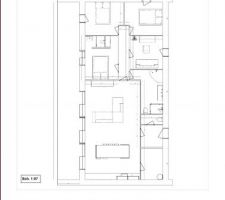 Voilà le plan provisoire de la V2 de la maison (Version Popup).
Moins de m², agencement optimisé.
Débord de toit d'1m50 intégré à la toiture qui devient plate dans ce nouveau projet.