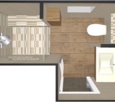 SDE parentale version 2 : retour de la colonne de rangement et douche 120 x 120 avec banc latéral.