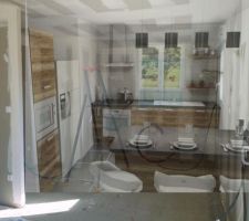 Photomontage de la cuisine. Image de la cuisine en cours de travaux d'électricité, superposé à une photo de la cuisine sur plan.