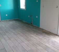 Après 1 semaine à venir tous les soirs après le travail mon mari a terminé tout le salon - séjour - cuisine - dégagements plus la moitié de la chambre du RDC. Il reste donc la moitié de la chambre du bas, le local de la pompe à chaleur, quelques carreaux sous l'escalier et les plinthes à poser.