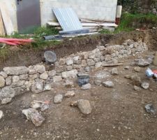 Mur en pierres sèches en cours d'élévation.
Servira à la pose de la clôture pour nous séparer du voisin