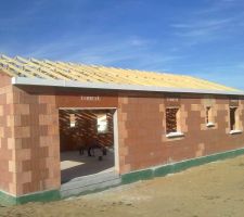 Vue arrière de la maison avec murs complets et charpente