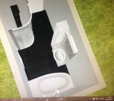 Plan de la salle de bain finale (mauvaise couleur mais bonne disposition).
Une petite douche d'angle, une baignoire "gain de place" de chez Castoche, un meuble 100 cm et sa colonne, puis sèche serviette.

Le renfort est le placard Ribo (PAC) qui s'ouvre du couloir.