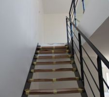 Escalier métal (thermolaquaquage epoxy RAL 7016) et bois (Chêne teinte et vernis RAL anti-uv, épaisseur 40mm) à limons latéraux