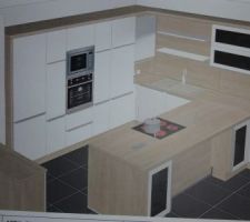 Plan cuisine, une armoire est placée près de la porte mais ce n'est pas son emplacement!cuisine blanche, plan de travail en bois et porte vitrée noire pour suivre avec portes de four, micro-onde et cave à vin.