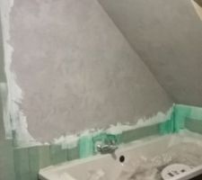 Une petite vue d'ensemble de la salle de bain avec l'enduit terminé et la carrelage de posé