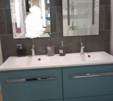 Salle de bain chez leroy merlin 2 vasques bleu turquoise 
j'adore avec le carrelage qu ils ont mis derriere.