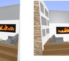 Idées pour coin feu (avec habillage de marches pour simuler des canapés semi-enterrés, style fosse à conversation).