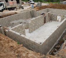 Le vide sanitaire est monté très très vite !

Afin de compenser la déclivité du terrain, il fera 1,6m sur le pignon qui se situe en bas de la photo et 1,35m sur le pignon du garage qui se situe au fond de la photo.