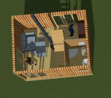 Vue en éclaté du séjour de la cuisine et des toilettes