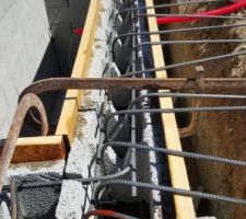 Montage des murs de la fosse en blocs à bancher - Mise en place du ferraillage vertical avec les attentes pour se repiquer dans le treillis de la dalle du garage