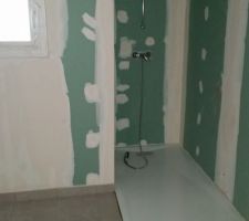 Le 06/03/2016 pose du receveur de douche et de la robinetterie (nous voulions faire une véritable douche italienne mais cela nous a été déconseillé par notre CDT car trop de risques de fuites parait-il !!!, aujourd'hui il nous dit que c'est pareil pour les receveurs de douche plat !!!!!). 
Traces de chaussures sur les murs !!!!!! jamais vu un chantier aussi sale...