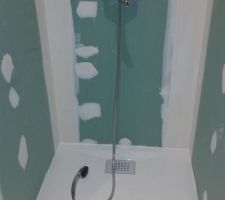 Le 06/03/2016 pose du receveur de douche et de la robinetterie (nous voulions faire une véritable douche italienne mais cela nous a été déconseillé par notre CDT car trop de risques de fuites parait-il !!!, aujourd'hui il nous dit que c'est pareil pour les receveurs de douche plat !!!!!). 
Traces de chaussures sur les murs !!!!!! jamais vu un chantier aussi sale...