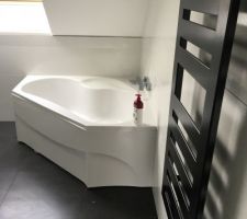 Salle de bain... Heureusement que le commercial nous avait dit que la baignoire sous le rampant ca se faisait pas et que ca allait être moche!