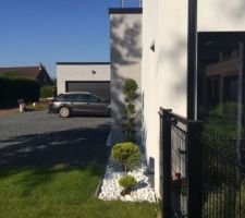 Facade avant , aménagée avec plantes et galets de marbre blanc pour "casser" l'effet minéral des cailloux gris .