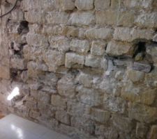Mur de la salle de bain une fois platre tomber, découverte d'un mur en pierre meulière enfin je crois. POURQUOI PAS LE LAISSER APPARENT !!! Problème c'est le mur le plus humide et je ne sais pas comment y remédier. On peut vois que en bas du mur tout les dix centimètre j'ai fais des troux il y a maintenant un an pour y glisser une barriere d'étanchéité RUBS... Sans aucun effet mur toujours aussi humide. Snif... Que faire.