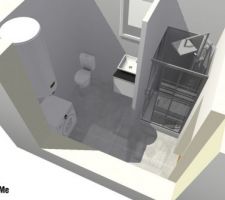 Voici dans l'idéal ce que j'aimerais faire de la salle de bain. Précision : Faux plafond pour VMC et éclairage inscrutable. et sol lègerement surélevé pour une douche italienne. Le mur entre la douche et la fenêtre en carreau de verre.