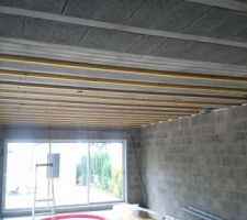 Mise en place de chevrons(63x44 de 5m10) sur le plafond hourdis du rdc.
Pour recevoir les suspentes