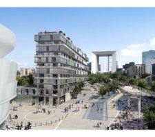 Dessin du projet de construction One à Nanterre, avec l'Arena 92 au premier plan, et l'Arche de la Défense en arrière-plan.