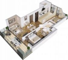 Dessin 3D d'un exemple d'appartement 3 pièces, 70 m² habitables et 17 m² avec les 2 balcons. 
L'appartement est traversant et exposé sud-ouest.