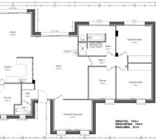 Maison de plain pied 4 ch. 
Quelques réajustements à apporter sur les dimensions de la chambre parentale et du bureau.