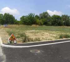 [32] Home Sweet Home.
Notre futur terrain vu de face.
La borne qui delimite notre parcelle est situ&eacute;e derriere les arbres.