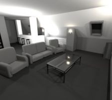 Rendu 3D d'aperçu de mon futur étage : l'espace Cinéma/Bar. Beaucoup à définir côté déco encore ! C'est pour ça que cette image est en noir & blanc.
Cette pièce fait 9,5m par 6. Environ 50m² au sol.