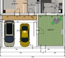 Aménagement prévu devant la maison : jardinet pour que la baie vitrée ne donne pas sur la rue, surface de stationnement un peu plus grand que 5x5 pour garer 2 voitures et passer