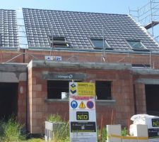 Velux, tuiles et couvertines en zinc posés côté nord. 
Toit plat pas encore étanche.