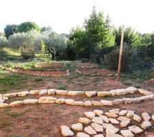 "Traçage du futur muret en pierres sèches.
Ici la vue du coin "cosy" vers le sud et le potager...