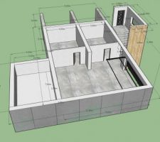 Le sous sol avec le nouveau cube au SUD, il y a une erreur car ce cube va empiéter d'environ  1 à 2m sur le garage.
les murs à l'ouest (en haut) sont la pour supporter la terrasse couverte mais les dimensions et positionnement vont être redéfinis avec le maçon (quand il sera sélectionné)