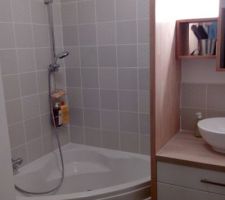 SDB: Baignoire d'angle et douche assise sur le petit banc d'angle. Pratique en espace réduit.