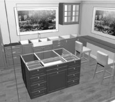 Projet cuisine avec îlot et comptoir.