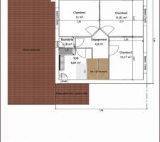 Plan de l'étage, toujours de la maison retravaillée (simplifiée, ...).
Avec toujours une buanderie à l'étage (côté pratique, si si!). A voir si elel sera séparée ou non de la salle de bains.
La possibilité de faire un placard dans la salle de bains et des étagères plus tard sur le palier à gauche de l'escalier.
L'entrée est protégée par un appentis dans la continuité du toit du garage, en charpente tradi pour pouvoir aménager le garage en hauteur plus tard.