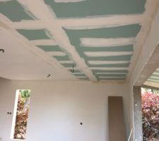Pose des plaques de BA13 pour le faux plafond de l'étage, une partie du RDC et la véranda