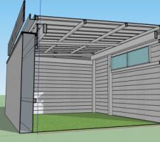 Plans réalisés avec Sketchup. Vue en coupe. 6 poteux 10x10cm, quelques pannes, et quelques lambourdes. Toit en plaque tôle. 2 vantaux 40x100cm