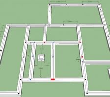 Schématisation des fondations avec emplacement des chaînages verticaux (Sketchup)