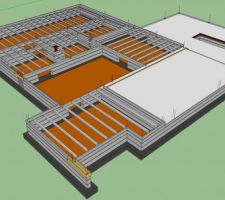 Schématisation des 2 premières dalles béton : garage, laverie et salle tv (Sketchup).