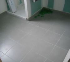 Carrelage de la salle de bain terminé. Un gris clair assez moderne.
